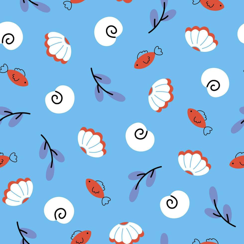 Cute summer marine print with seashells on blue background. Funny vector seamless pattern with coral reef shells for kids textile, apparel, wrapping paper