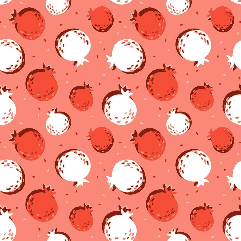 Cute summer tropical pattern with pomegranates on pink background.  Seamless vector print with drawn in doodle style exotic fruits for female textile, packaging design