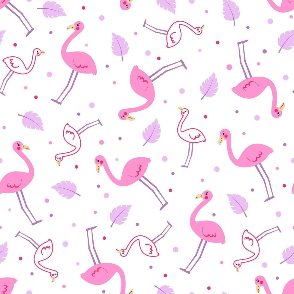 linda verano modelo con gracioso dibujos animados flamencos en un blanco antecedentes. sin costura vector impresión con exótico tropical aves y hojas para femenino textiles, fondos de pantalla, embalaje diseño