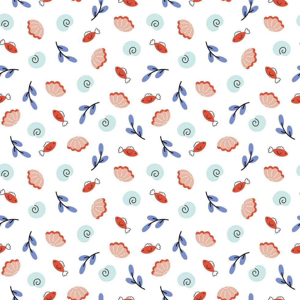 Cute summer marine print with colorful seashells on white background. Funny vector seamless pattern with coral reef shells for kids textile, apparel, wrapping paper