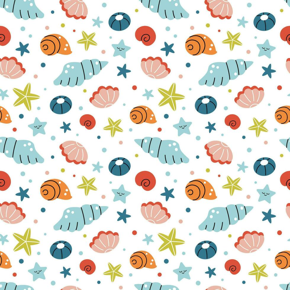 Cute summer marine print with colorful seashells on white background. Funny vector seamless pattern with coral reef shells for kids textile, apparel, wrapping paper