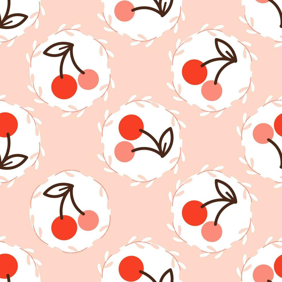 Summer seamless pattern with cherry berries on pink background. Cute vector print drawn in doodle style for kitchen textile, girls clothing, packaging design