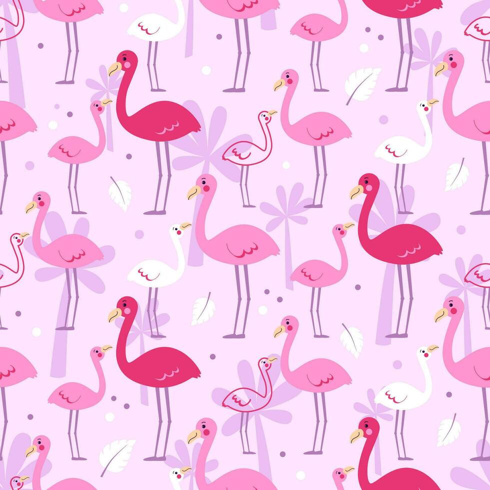 linda verano modelo con gracioso dibujos animados flamencos en un rosado antecedentes. sin costura vector impresión con tropical aves, palmas y hojas para bebé femenino textiles, fondos de pantalla, embalaje diseño