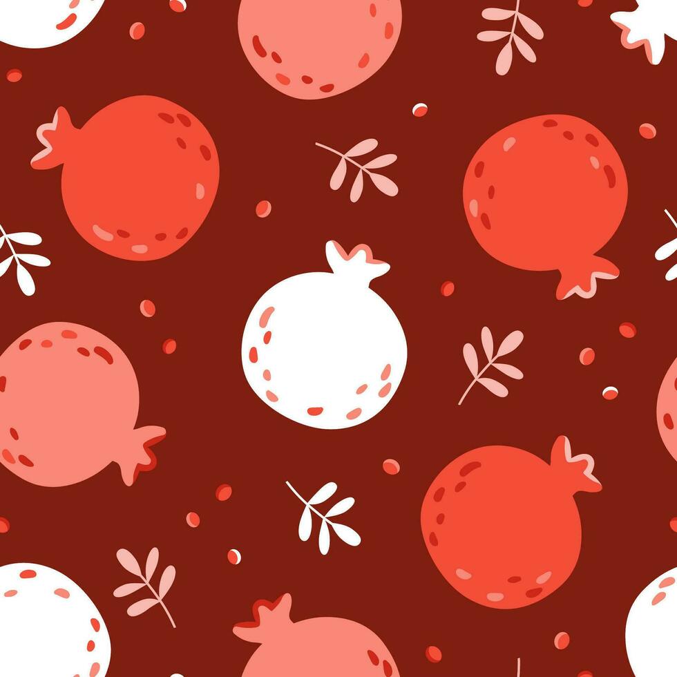 Cute summer tropical pattern with pomegranates on red background.  Seamless vector print with drawn in doodle style exotic fruits for female textile, wallpaper, kitchen fabric design