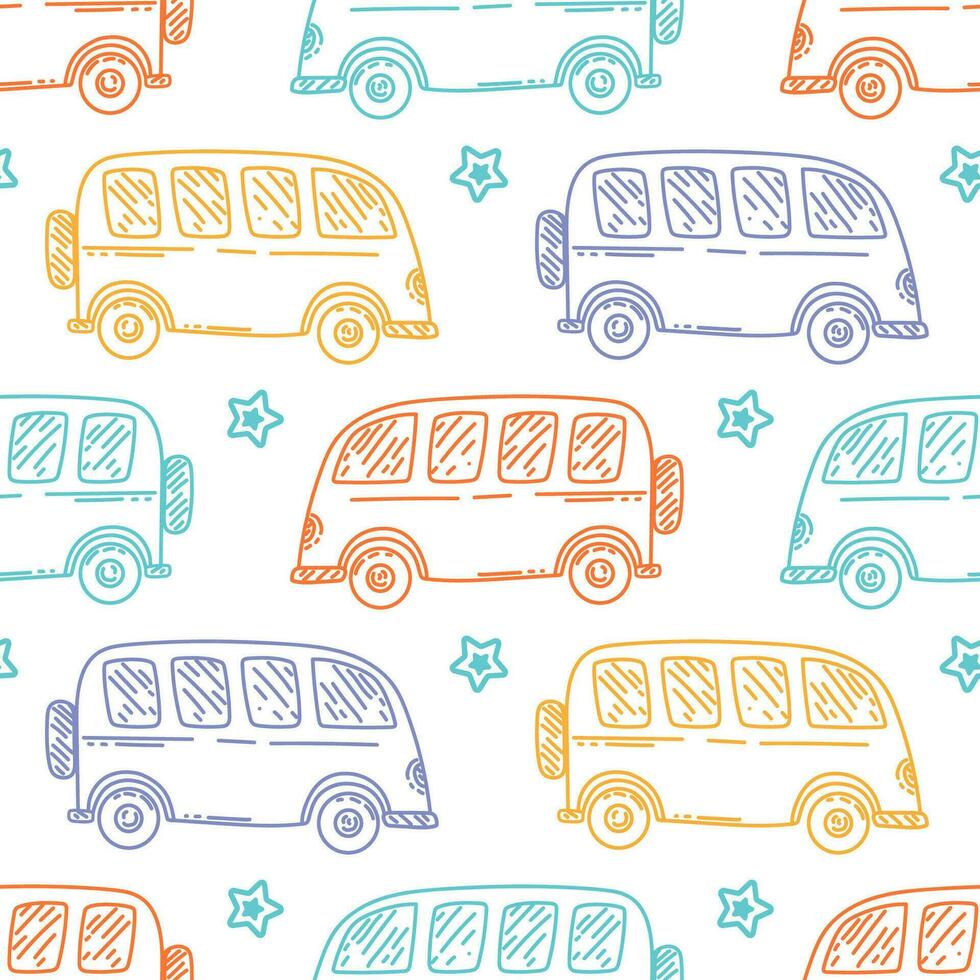 Cute seamless baby vector pattern with colorful autobus drawn in sketch style. Funny illustration for kids textile with repeated ornament of city transport on white background