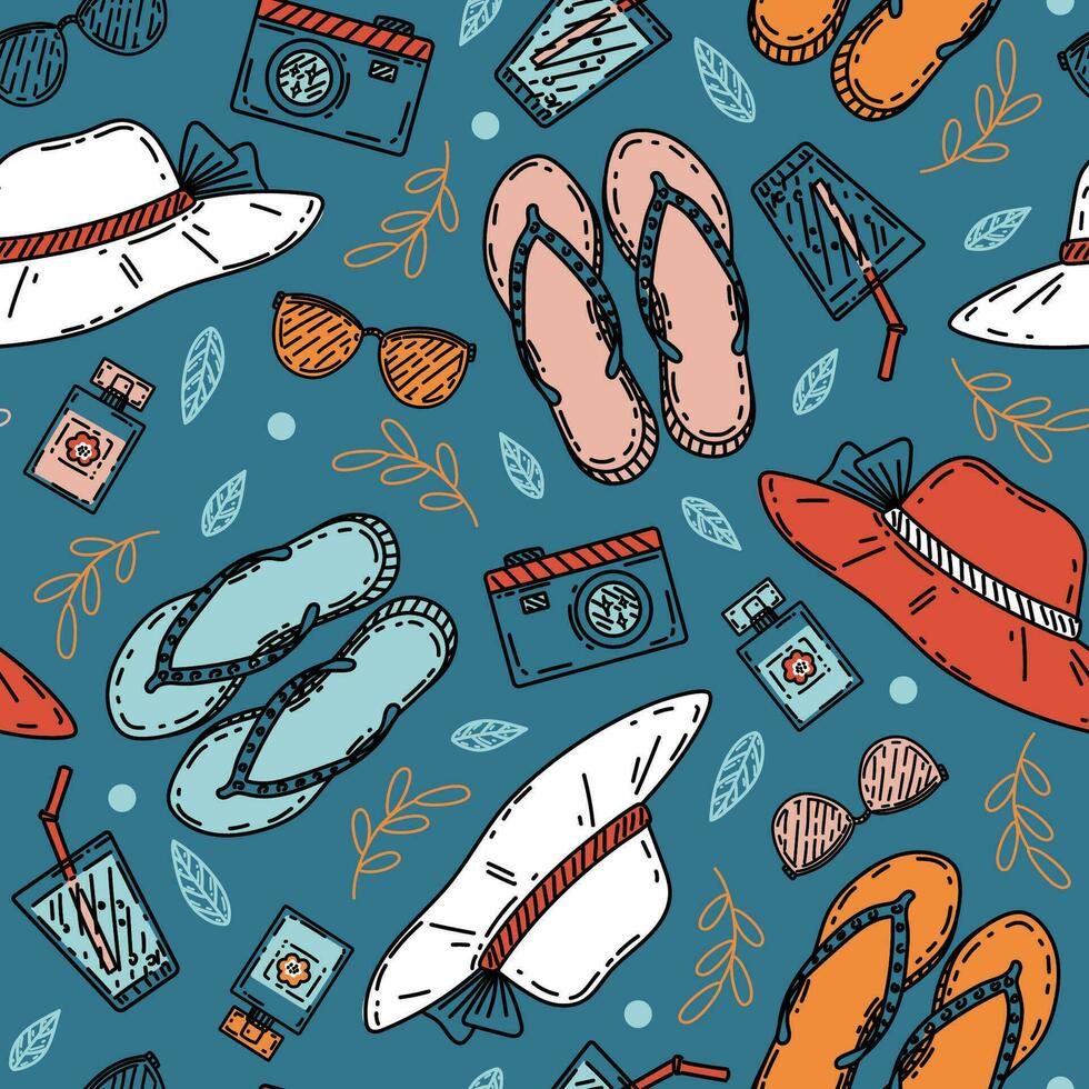 Summer beach vector pattern with straw hat, flip flops, perfume, sunglasses for women textile. Cute seamless nautical print with hand drawn sketch illustrations