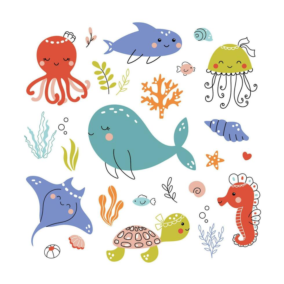 mar animales pegatinas recopilación. linda vector ilustración en garabatear estilo. aislado en blanco antecedentes kawaii marina criaturas - pulpo ballena mar Tortuga caballo de mar tiburón mantarraya y Medusa