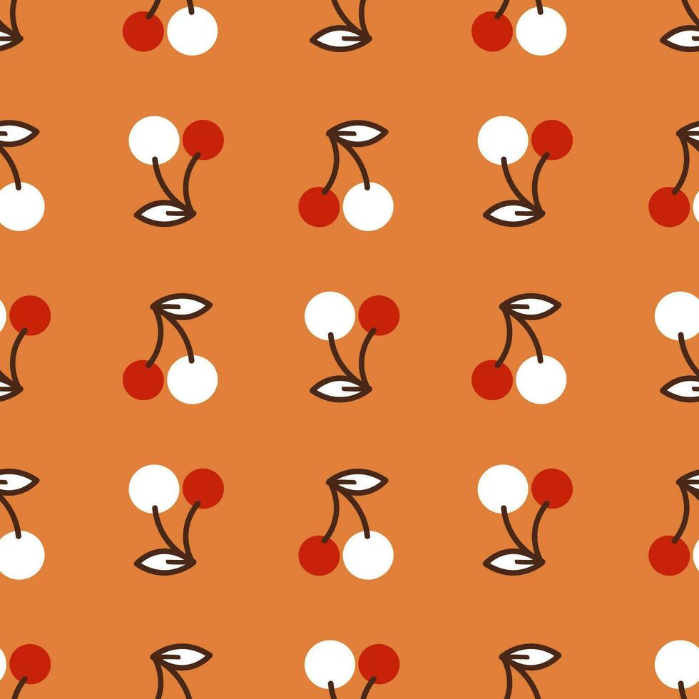 Summer seamless pattern with abstract cherry berries on bright orange background. Cute vector print drawn in flat style for kitchen textile, girly clothing, packaging design