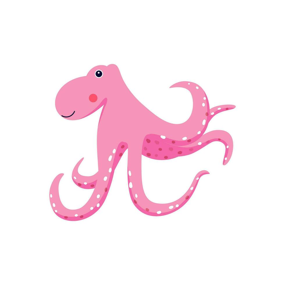 Pink octopus drawn in flat style vector illustration. Cute sea animal sticker isolated on white background