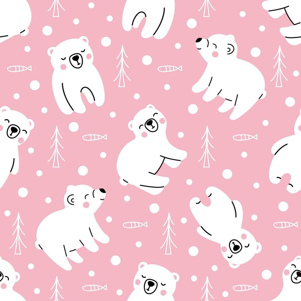 Cute seamless pattern with young arctic polar bears animals, trees, fishes on pink background. Winter vector print for girls textile, apparel, packaging design