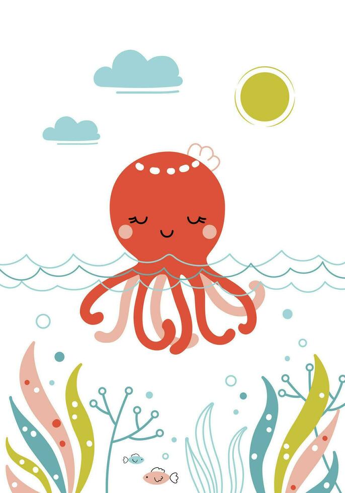 Cute baby octopus swimming in the sea. Vector illustration hand drawn in cartoon style. Funny kids print - sea animal, seaweeds, waves