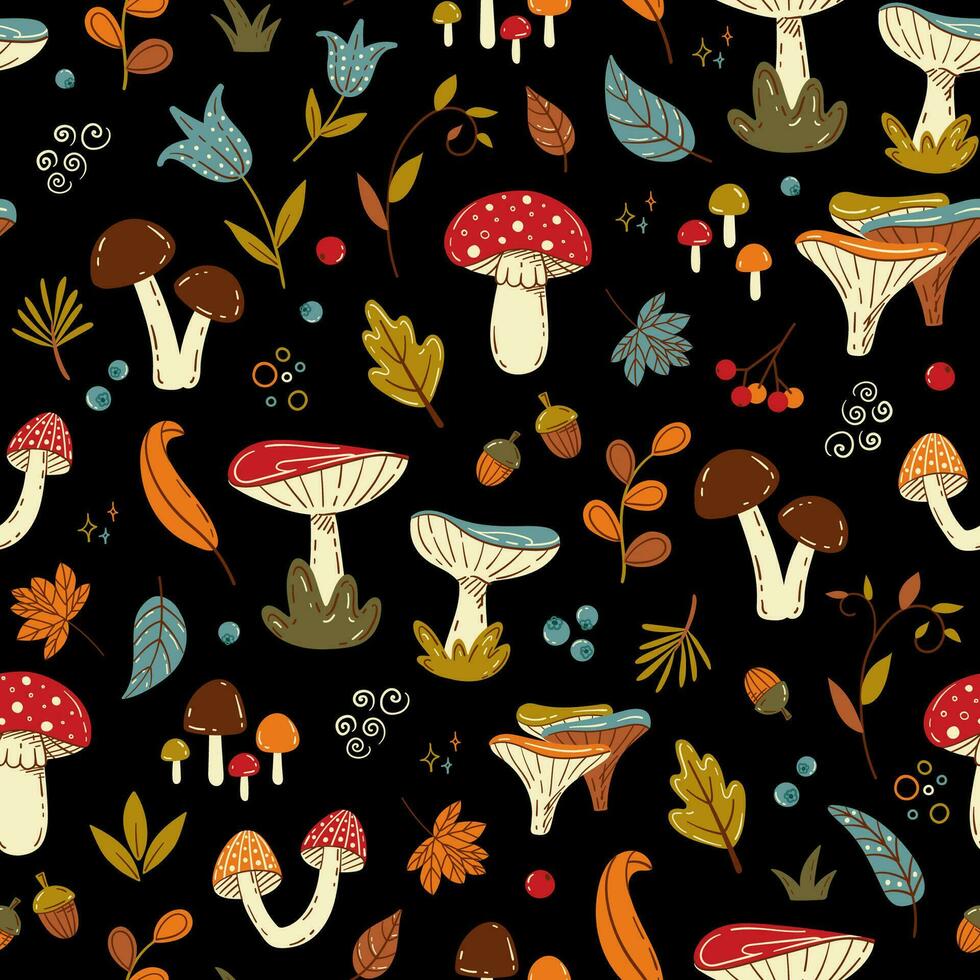 Cute mushrooms vector pattern . Funny autumn seamless print with amanitas and chanterelles on dark forest background. Colorful doodle illustration for girly textile, stationary design