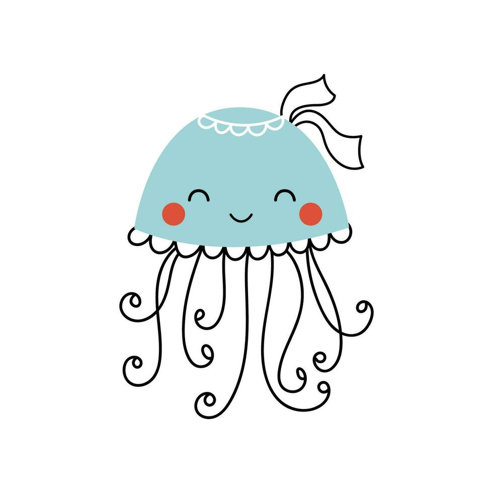 Cute swimming blue jellyfish. Cartoon vector illustration drawn in doodle style and isolated on white background. Baby sea animal sticker