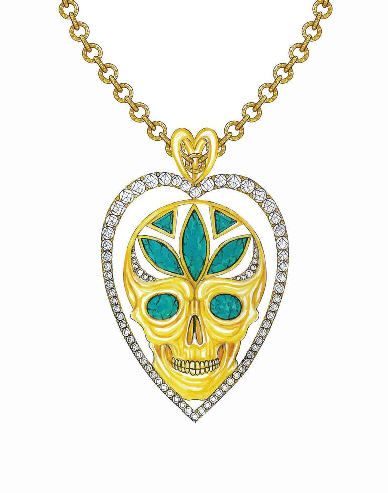 Jewelry design diamond and turquoise set with fancy heart gold skull pendant hand drawing and painting on paper make graphic vector. vector