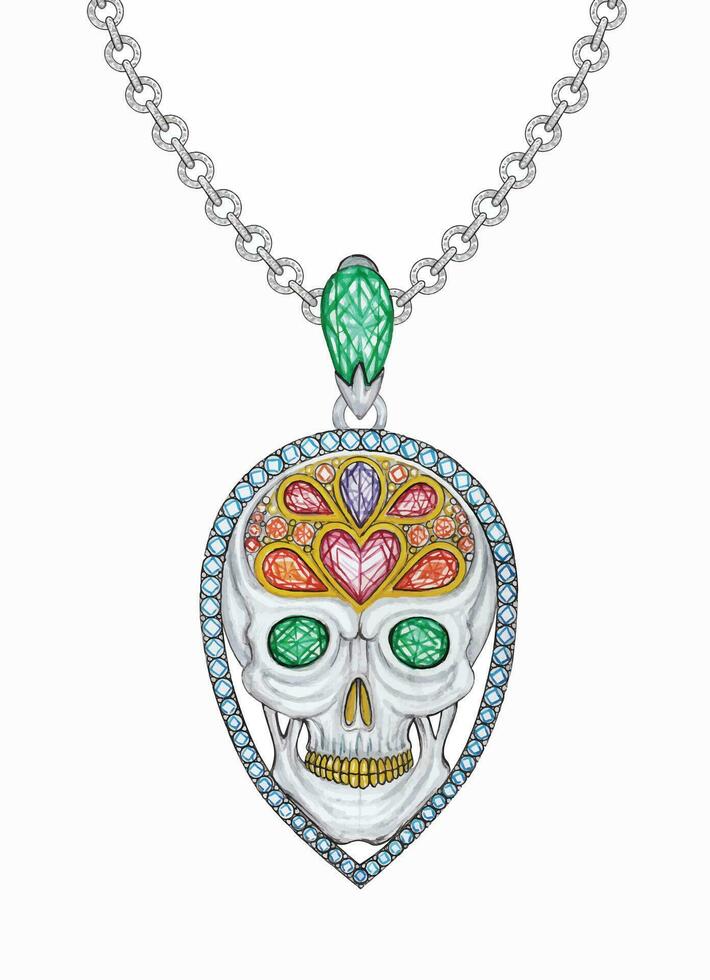 Jewelry design fancy skull pendant hand drawing and painting on paper make graphic vector. vector