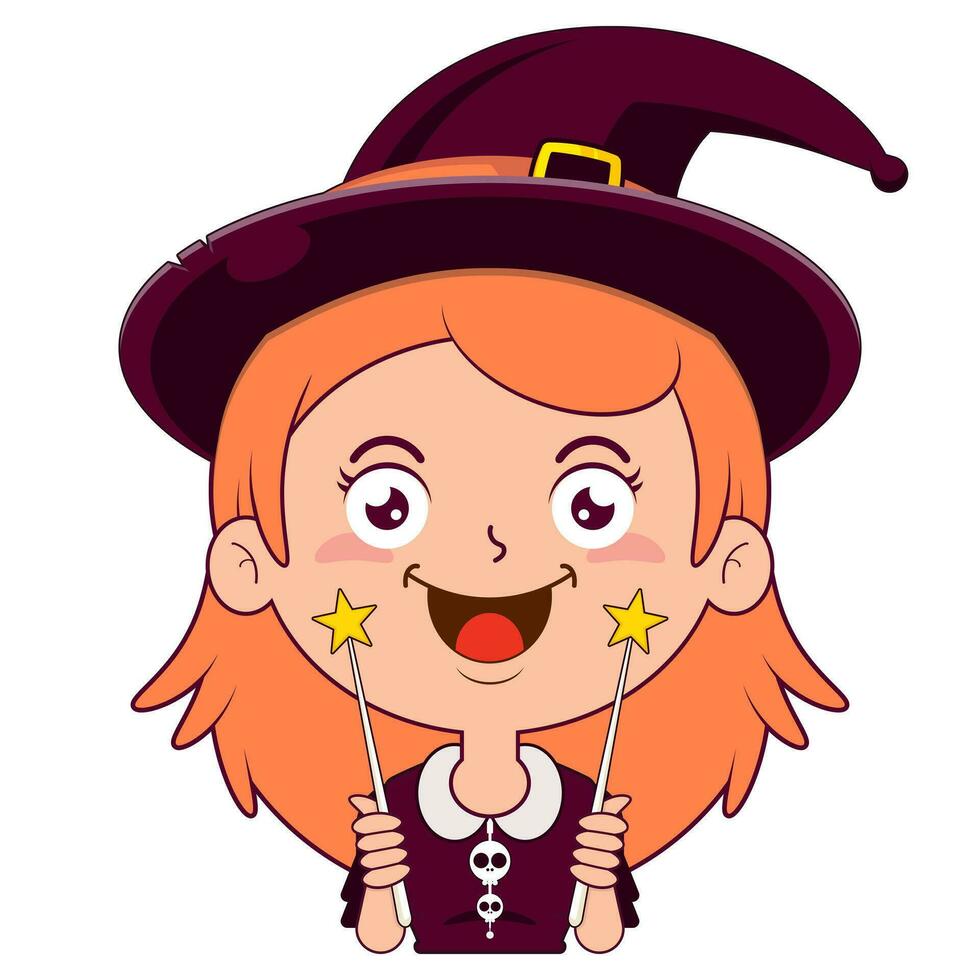 witch holding magic wand happy face cartoon cute vector