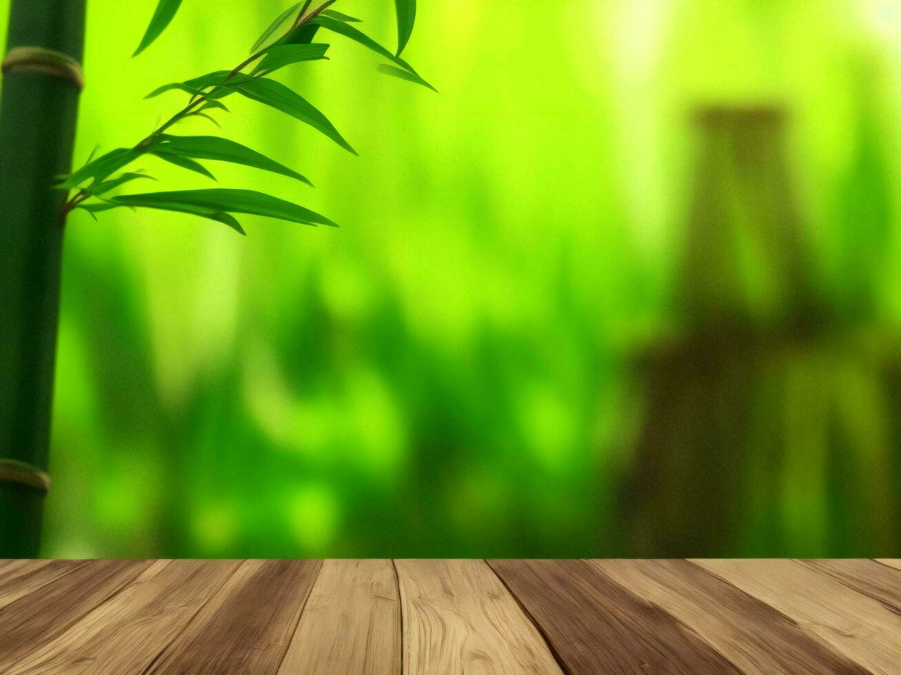 Wooden table on bamboo plant background ai generated photo