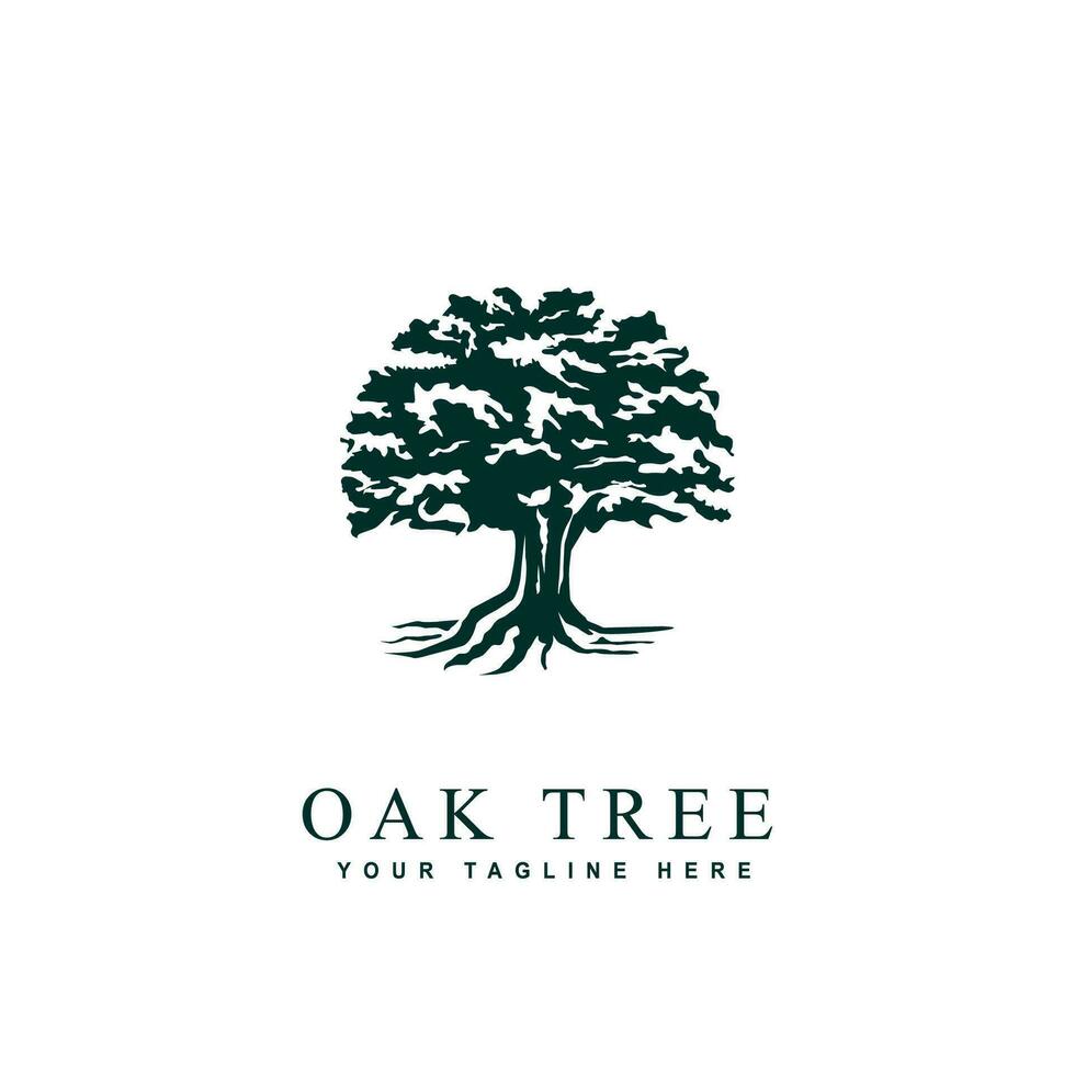 Vector silhouette of oak tree with sun. Nature and ecology logo design template
