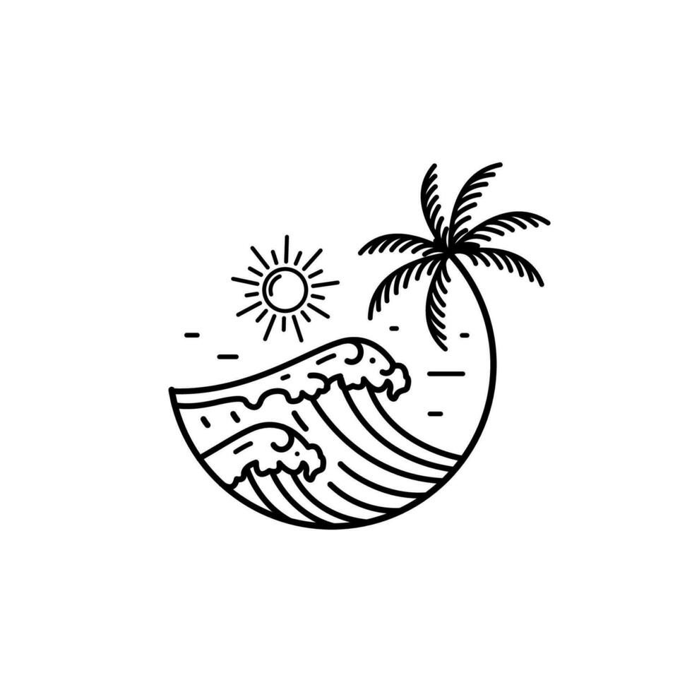 ocean wave tropical island and palm tree logo line art vector illustration