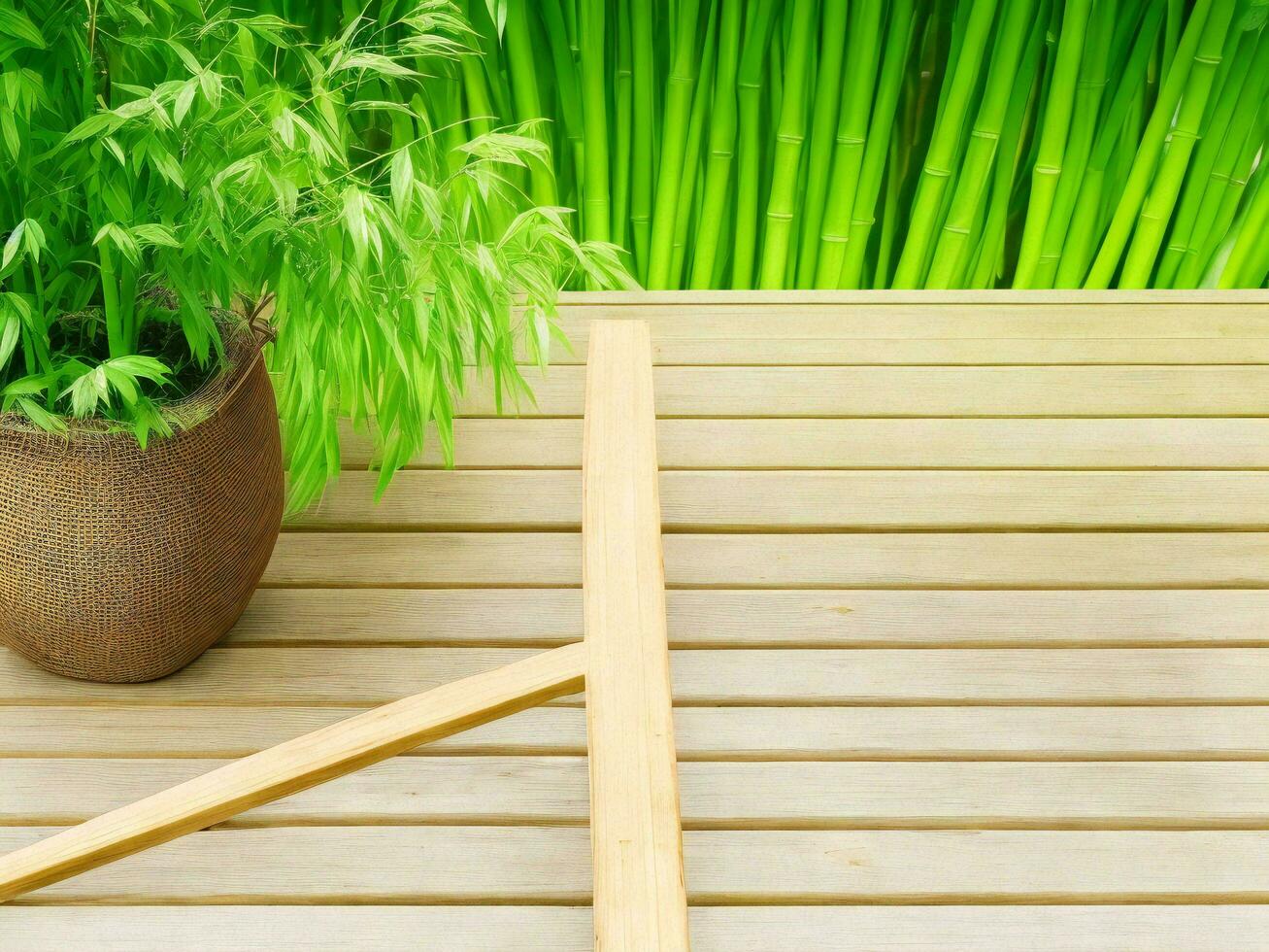 Wooden table on bamboo plant background ai generated photo