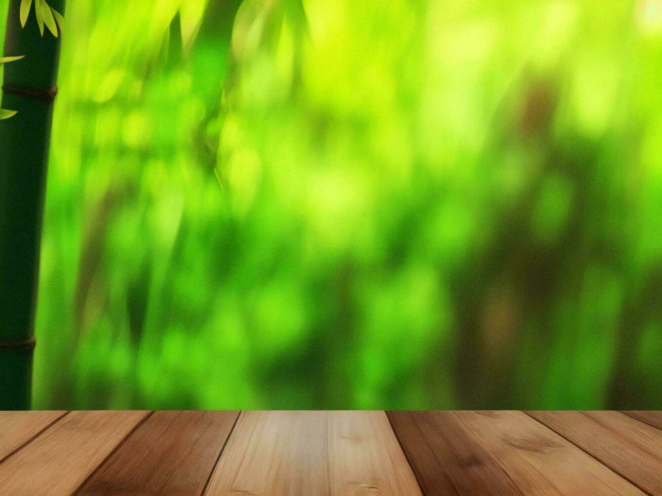 Wooden table on bamboo plant background ai generated photo