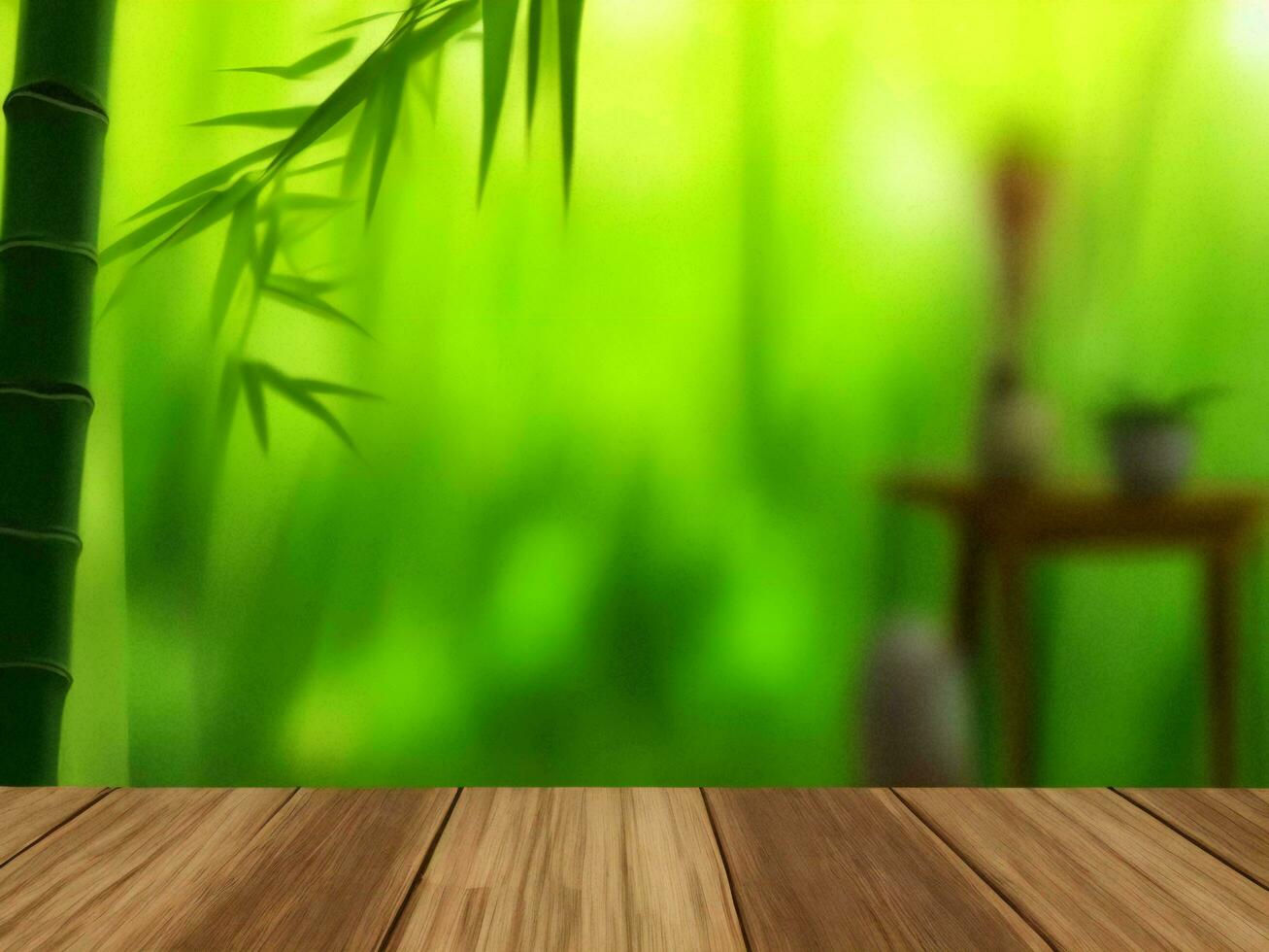 Wooden table on bamboo plant background ai generated photo