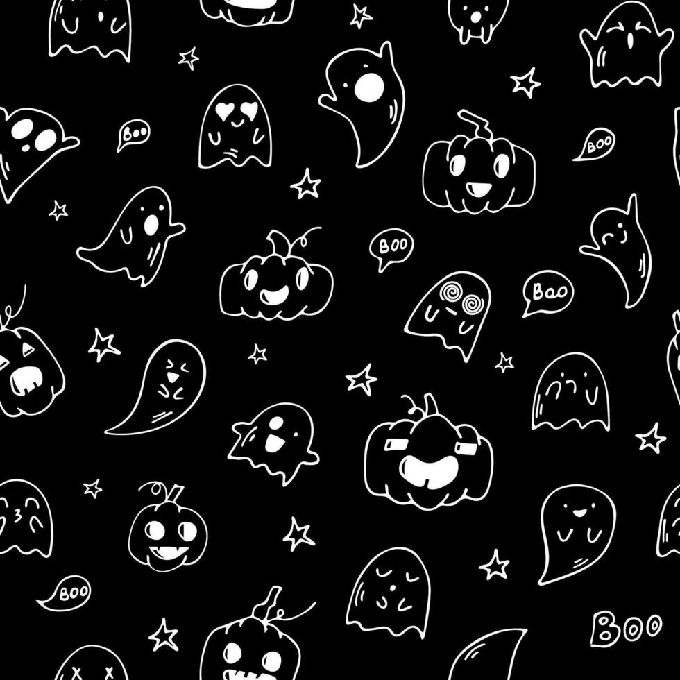 halloween seamless pattern white elements in doodle style on black background vector