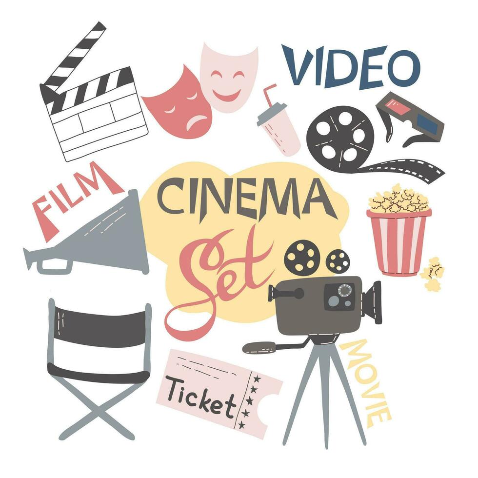 Cinema elements set. Tickets, popcorn bucket, megaphone, 3D glasses, clapperboard, montage tape, video camera. Vector illustration for cinema theater, film industry, show, drive in cinema, movie