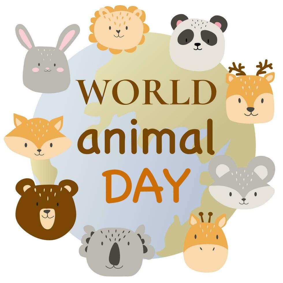 World animal day. Vector earth globe planet and cute animal around on white. Wildlife sanctuary, shelter promotion. Worldwide continent fauna saving from extinction. World environment day illustration
