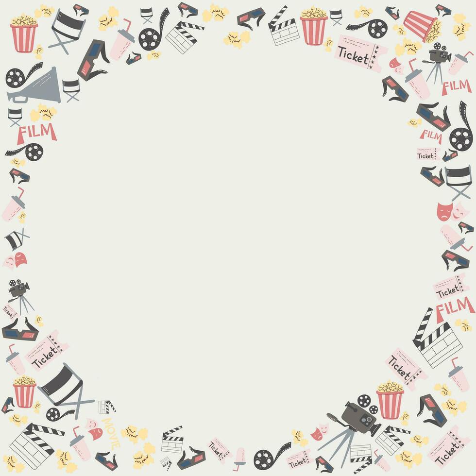 Vector illustration of round frame with movie cinema attributes equipment and copy-space in the middle. World cinema day cinemas design card poster concept.