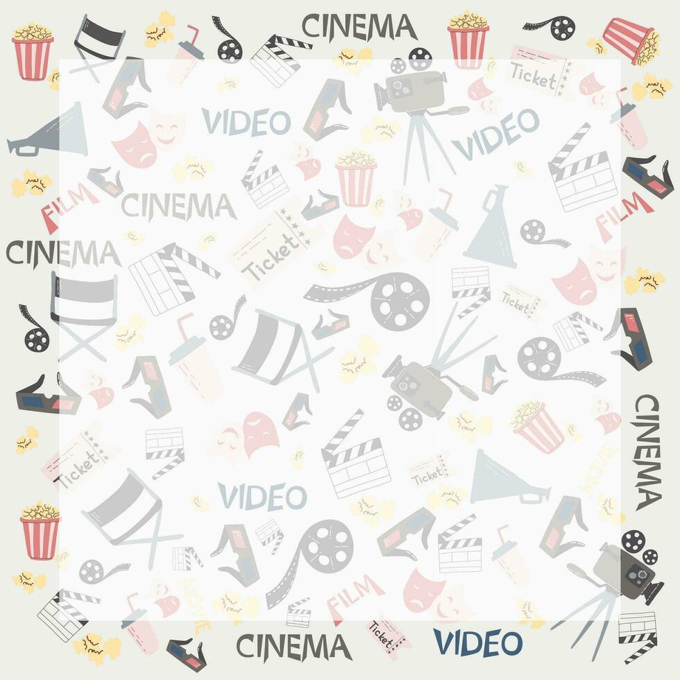 Square background from cinema elements, camera, popcorn, 3d glasses, ticket. template for show schedule, advertisement,  social media. vector