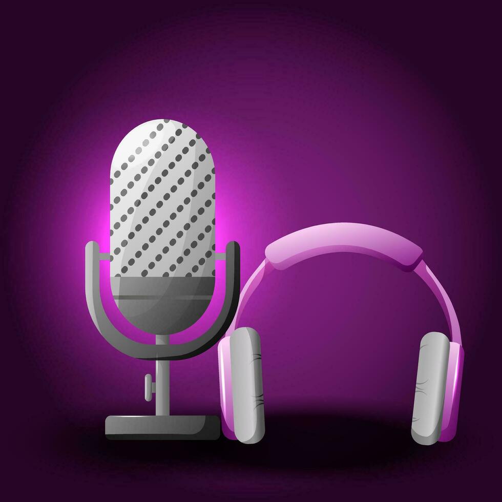 Online broadcasting concept. Audio recording. Sound recording equipment, microphones, headset. Headphones with microphone. Music earphones. Vector illustration