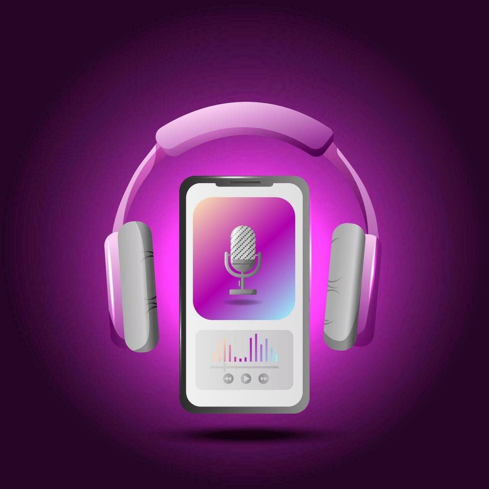 podcast concepto. parte superior ver de un teléfono inteligente con un solicitud para escuchando a podcasts en el pantalla, púrpura auriculares en línea podcasting espectáculo, radio. vector ilustración