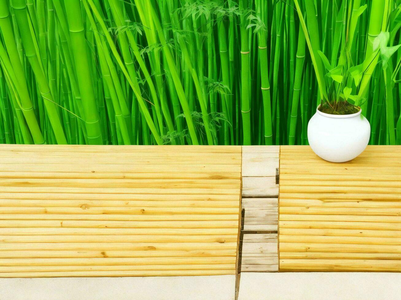 Wooden table on bamboo plant background ai generated photo