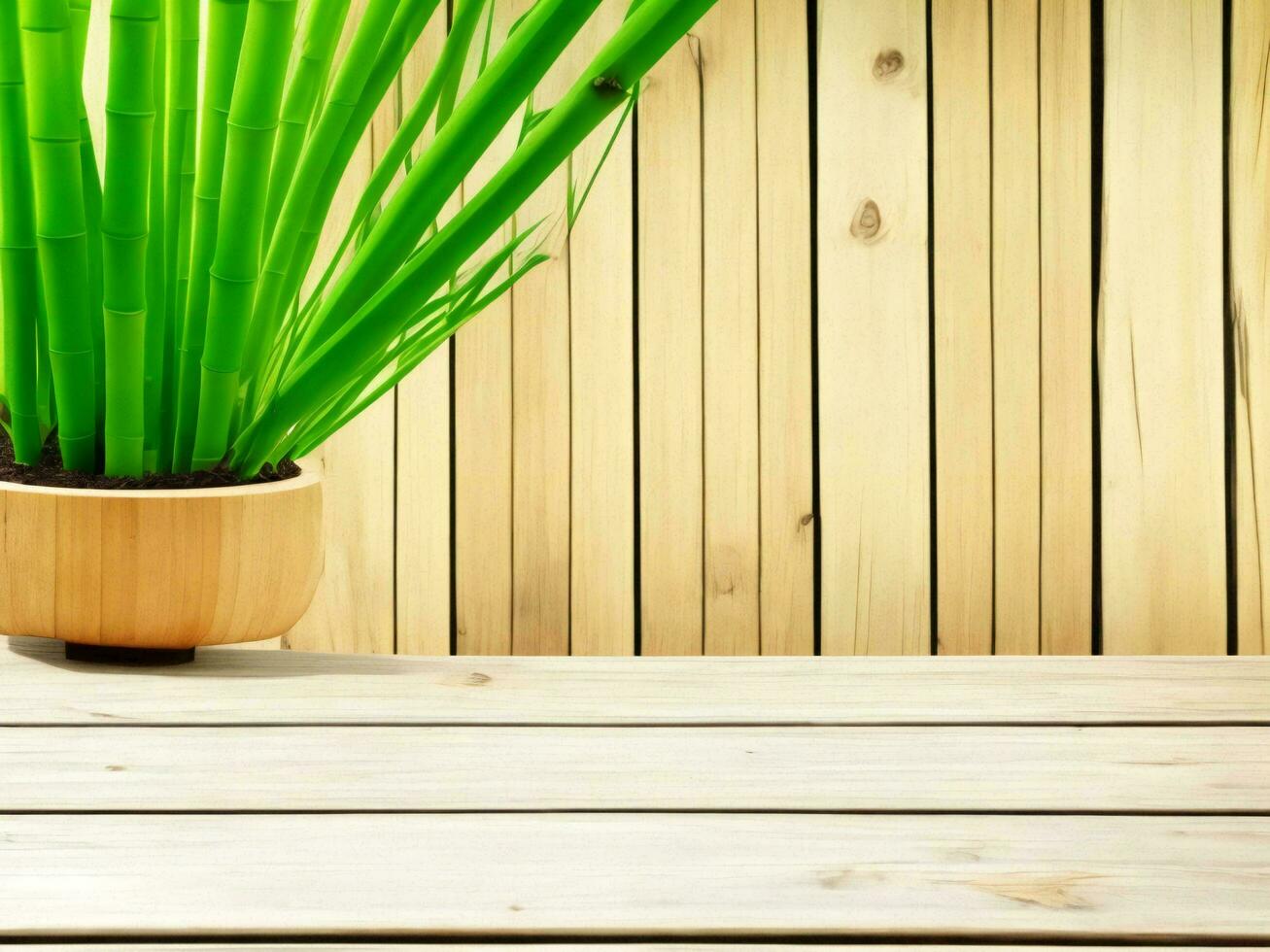 Wooden table on bamboo plant background ai generated photo