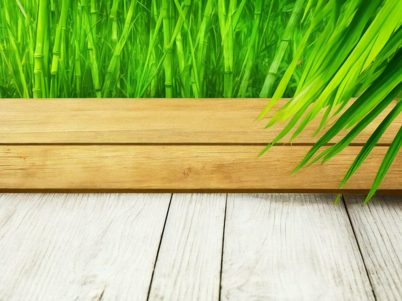 Wooden table on bamboo plant background ai generated photo