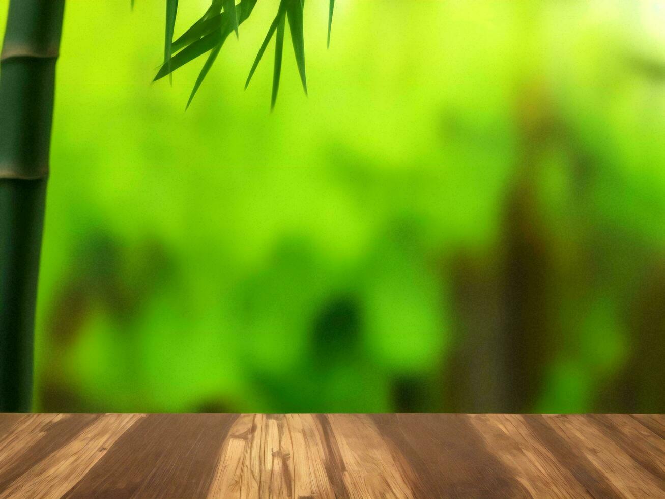 Wooden table on bamboo plant background ai generated photo