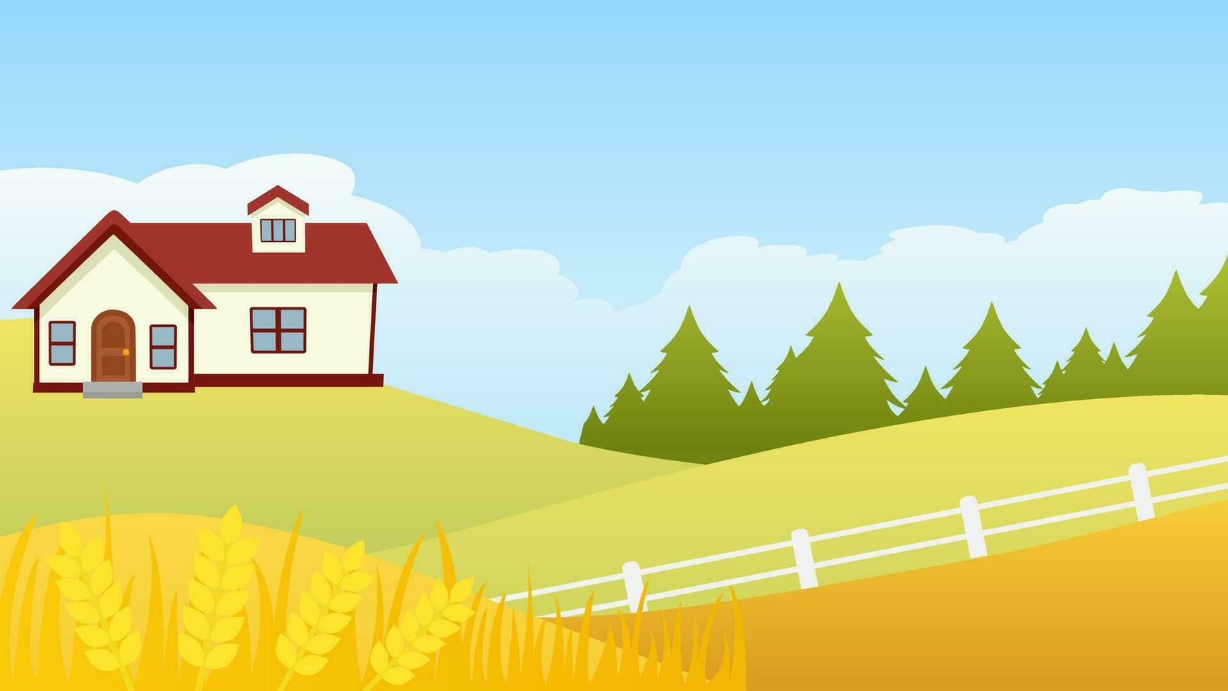 Countryside wheat farm landscape vector illustration. Landscape of farmhouse with wheat field in the green hill. Rural agriculture landscape for background, wallpaper or landing page