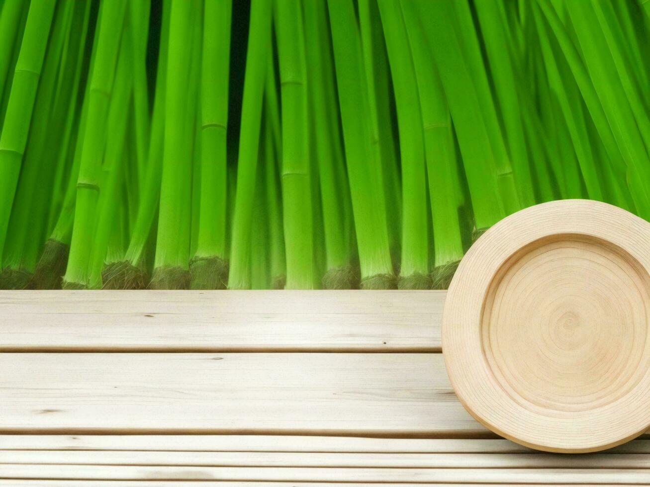 Wooden table on bamboo plant background ai generated photo