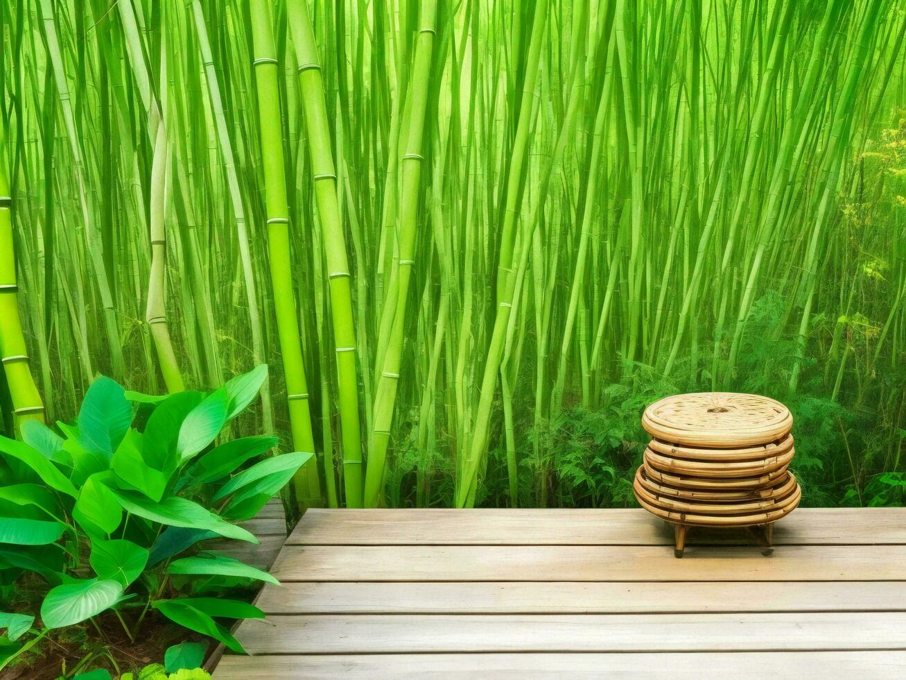 Wooden table on bamboo plant background ai generated photo