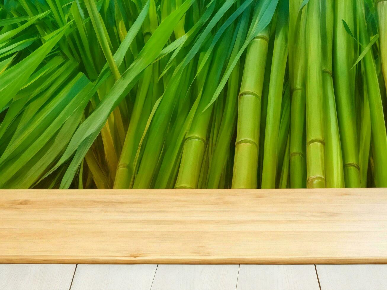 Wooden table on bamboo plant background ai generated photo