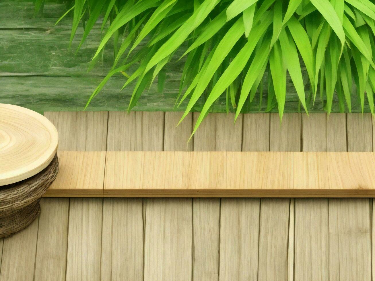 Wooden table on bamboo plant background ai generated photo