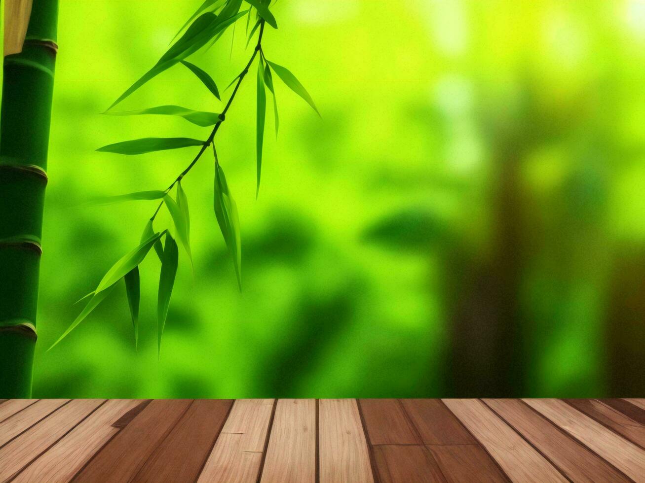 Wooden table on bamboo plant background ai generated photo