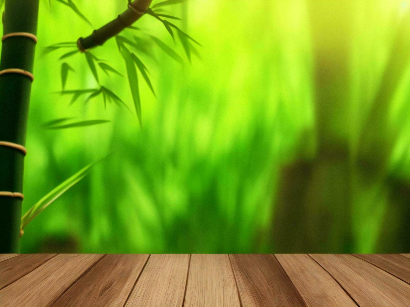 Wooden table on bamboo plant background ai generated photo