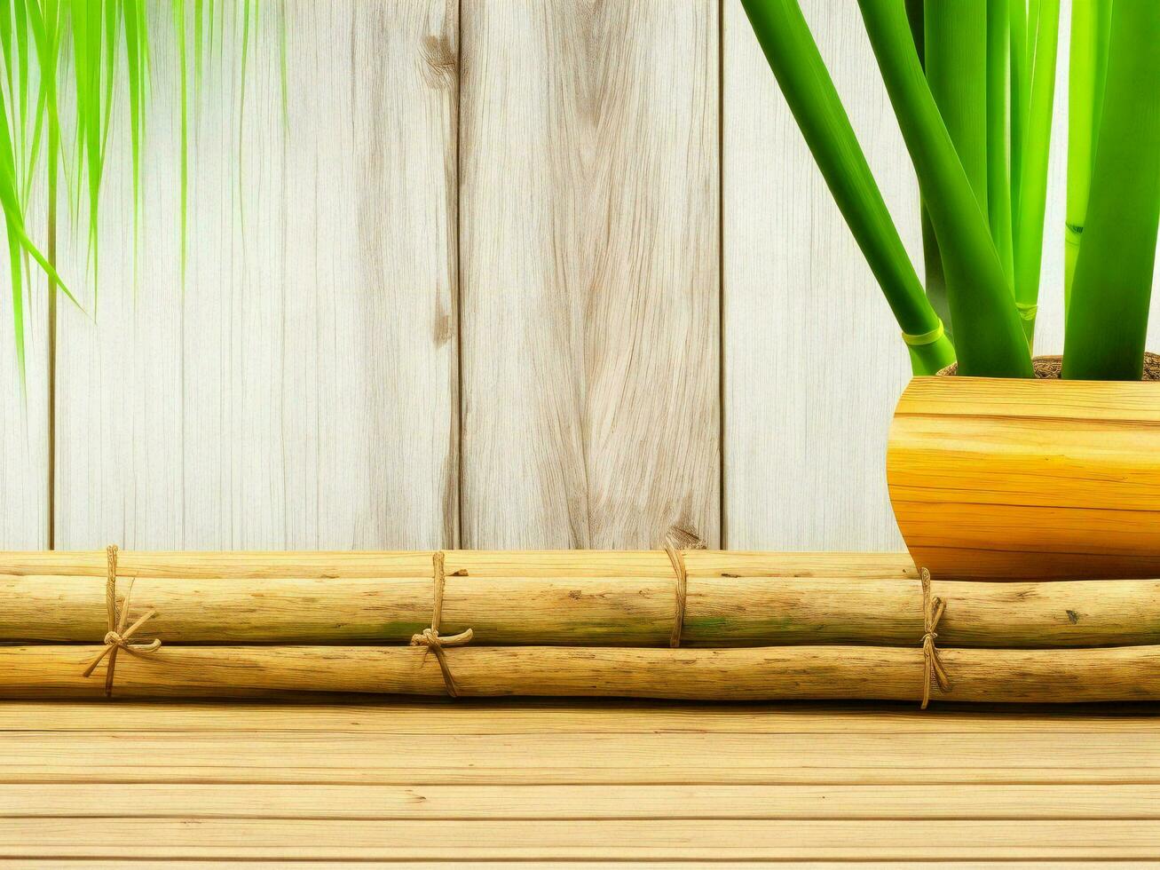 Wooden table on bamboo plant background ai generated photo