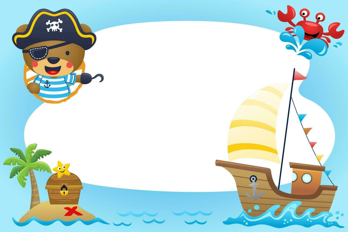 Cute bear pirate with pirate sailing element on blank sign background. Vector cartoon illustration