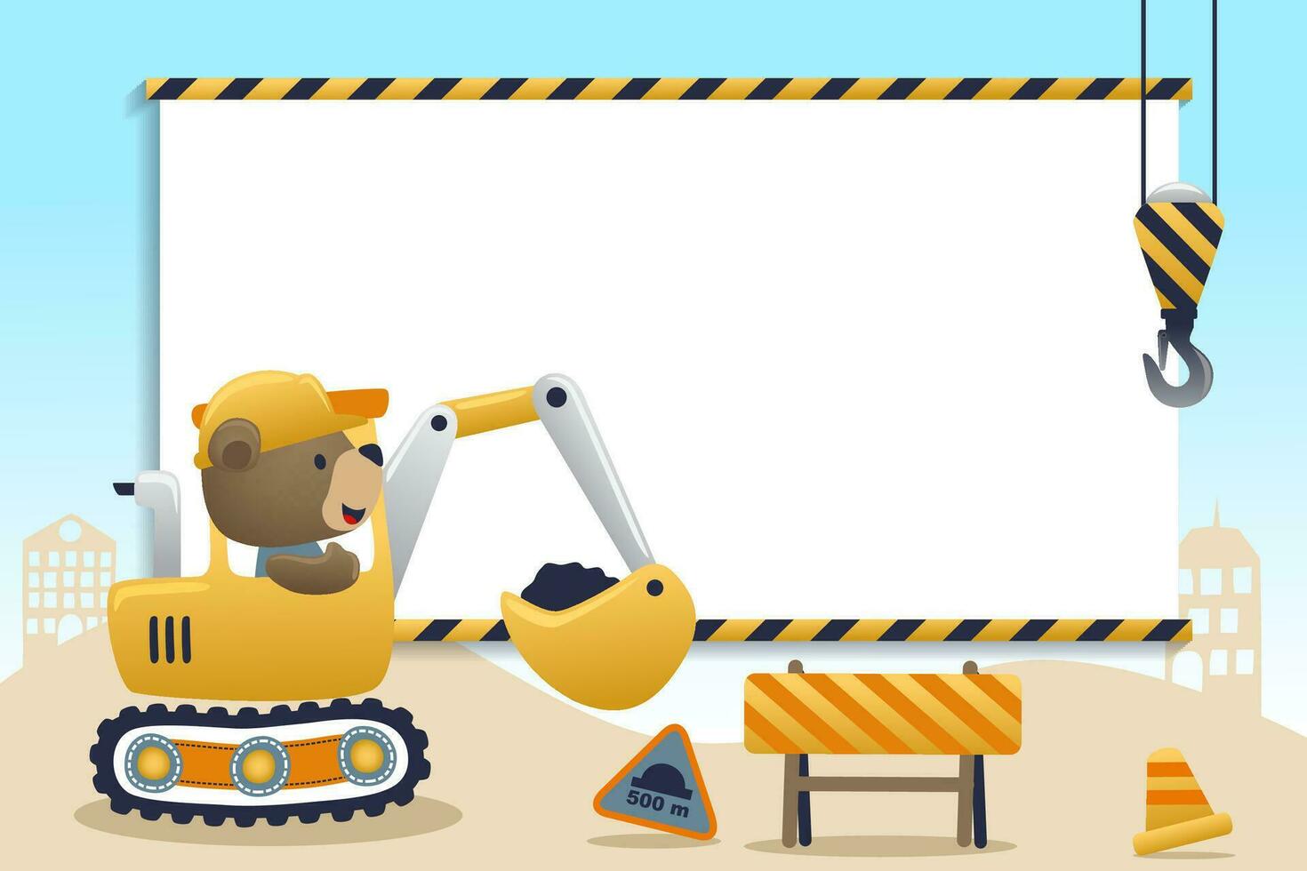 Cute bear on construction vehicle with blank sign. Construction elements vector cartoon illustration