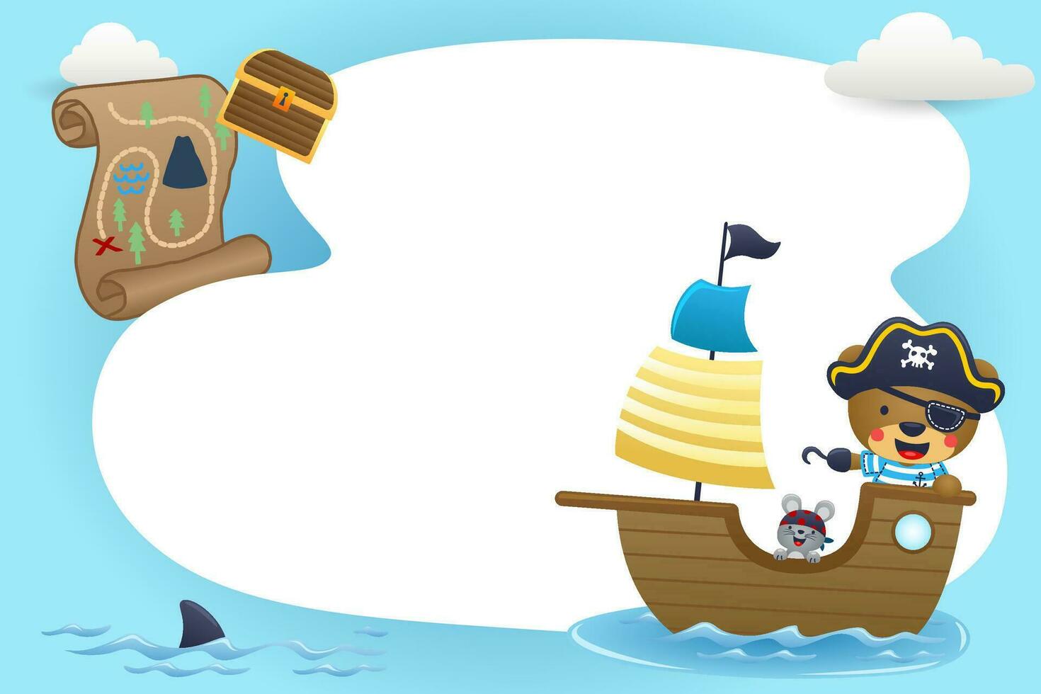 Cute bear pirate on sailboat with blank sign. Pirate elements vector cartoon illustration