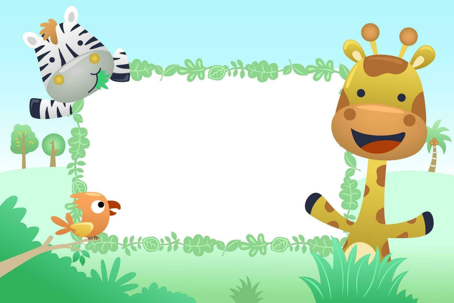 Cartoon funny wild animals with blank sign. Vector illustration