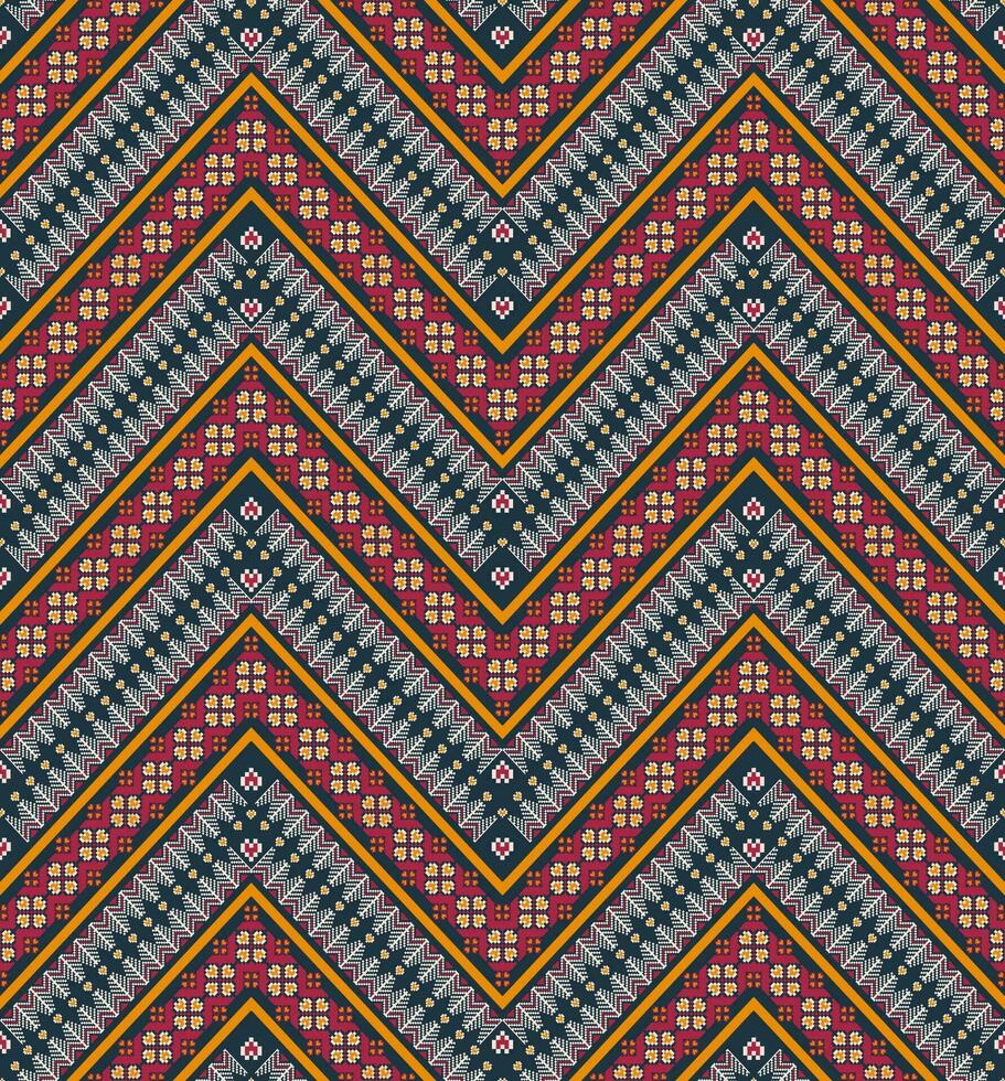 Aztec embroidery zigzag pattern. Ethnic floral geometric zigzag shape seamless pattern pixel art style. Ethnic geometric zigzag stitch pattern use for textile, home decoration elements, etc. vector